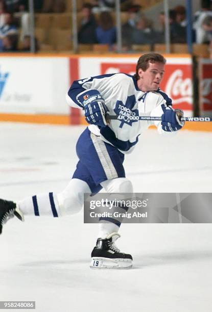 Tom Fergus of the Toronto Maple Leafs skates against the St. Louis Blues during NHL game action On December 12, 1988 at Maple Leaf Gardens in...