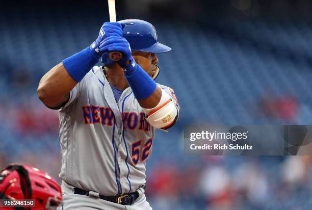 Yoenis Cespedes of the New York Mets in action against the Philadelphia Phillies during a game at Citizens Bank Park on May 11, 2018 in Philadelphia,...