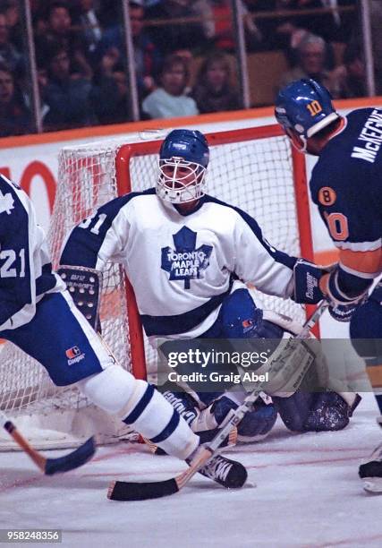 Ken Wregget of the Toronto Maple Leafs skates against the St. Louis Blues during NHL game action on October 12, 1988 at Maple Leaf Gardens in...
