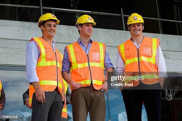 All Black Dan Carter, left, Prince William and All Blacks Captain Richie McCaw view developments at Eden Park for the 2011 Rugby World Cup on the...