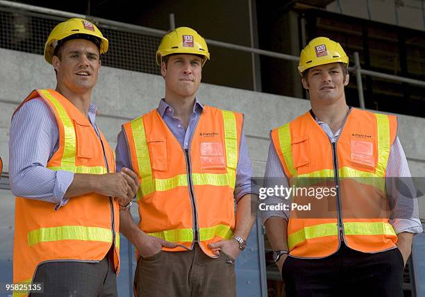 All Black Dan Carter, left, Prince William and All Blacks Captain Richie McCaw view developments at Eden Park for the 2011 Rugby World Cup on the...