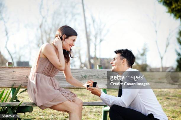 man proposing to girlfriend at park - men rings foto e immagini stock