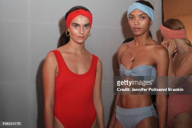 Models prepare backstage ahead of the Swim show at Mercedes-Benz Fashion Week Resort 19 Collections at Carriageworks on May 14, 2018 in Sydney,...