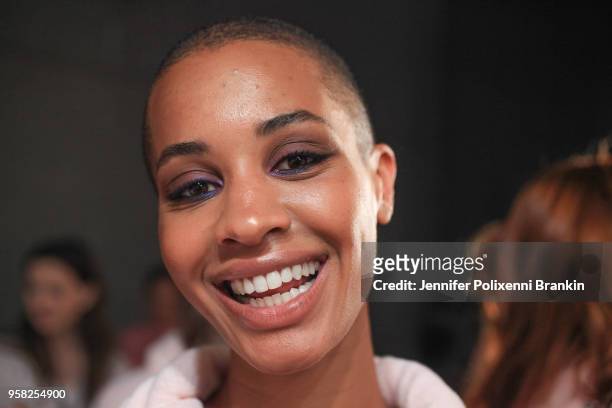 Model prepares backstage ahead of the Swim show at Mercedes-Benz Fashion Week Resort 19 Collections at Carriageworks on May 14, 2018 in Sydney,...