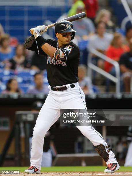 Martin Prado of the Miami Marlins at bat against the Atlanta Braves at Marlins Park on May 11, 2018 in Miami, Florida.