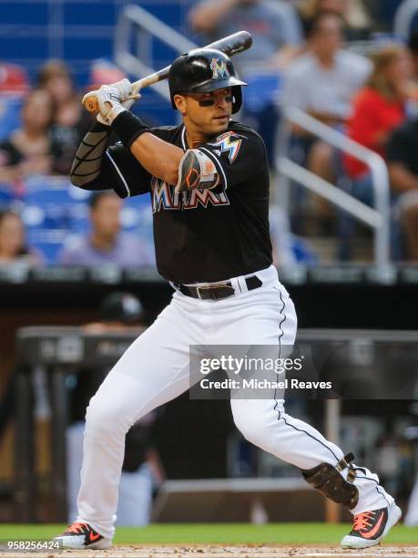 Martin Prado of the Miami Marlins at bat against the Atlanta Braves at Marlins Park on May 11, 2018 in Miami, Florida.