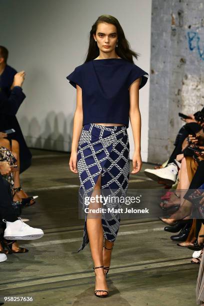 Model walks the runway during the Bianca Spender show at Mercedes-Benz Fashion Week Resort 19 Collections at Carriageworks on May 14, 2018 in Sydney,...