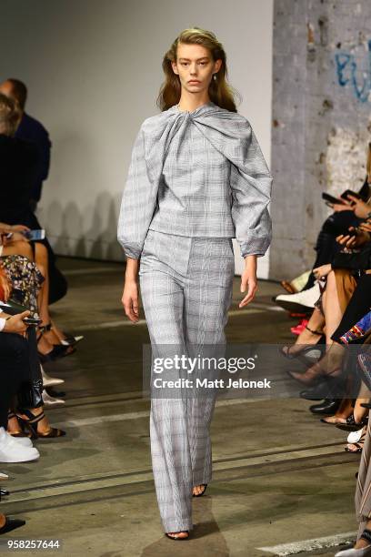 Model walks the runway during the Bianca Spender show at Mercedes-Benz Fashion Week Resort 19 Collections at Carriageworks on May 14, 2018 in Sydney,...