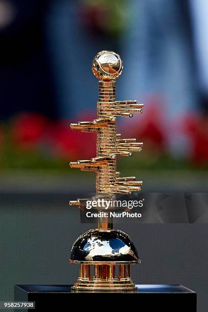 The trophy of the tournament is pictured during day nine of the Mutua Madrid Open tennis tournament at the Caja Magica on May 13, 2018 in Madrid,...