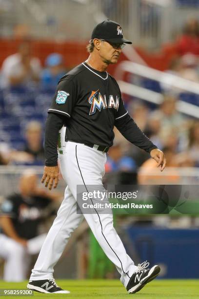 Don Mattingly of the Miami Marlins looks on against the Atlanta Braves at Marlins Park on May 11, 2018 in Miami, Florida.