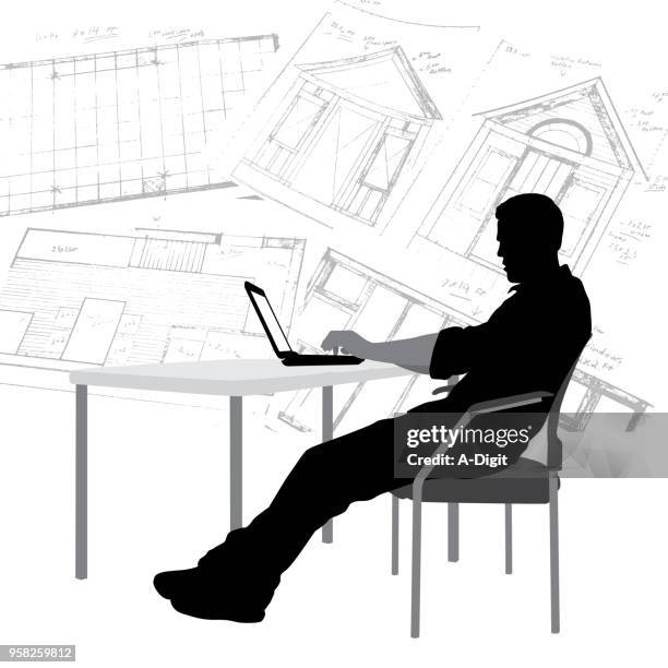 house blue print design - man thinking at computer stock illustrations