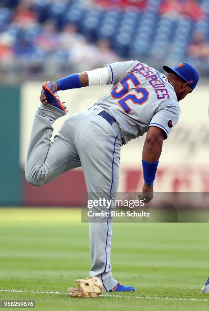 Yoenis Cespedes of the New York Mets in action warms up before a game against the Philadelphia Phillies at Citizens Bank Park on May 11, 2018 in...
