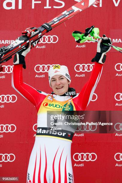 Kathrin Zettel of Austria takes 1st place during the Audi FIS Alpine Ski World Cup Women's Slalom on January 17, 2010 in Maribor, Slovenia.