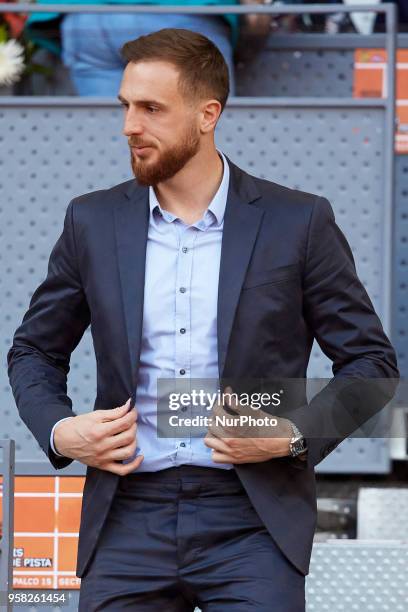 Atletico de Madrid Slovenian football player Jan Oblak attends day nine of the Mutua Madrid Open tennis tournament at the Caja Magica on May 13, 2018...