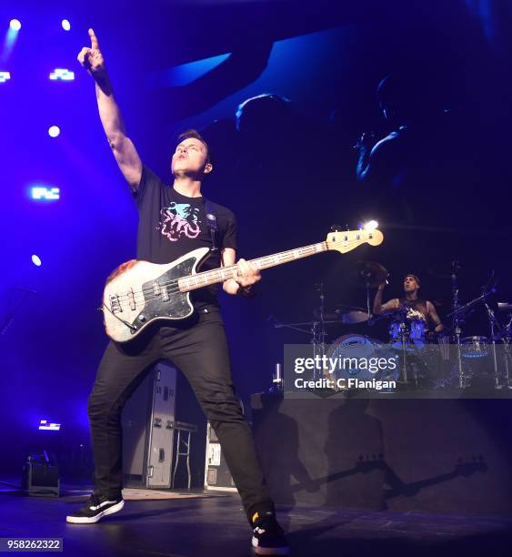 Travis Barker and Mark Hoppus of Blink 182 perform during the Live 105 BFD at Concord Pavilion on May 13, 2018 in Concord, California.