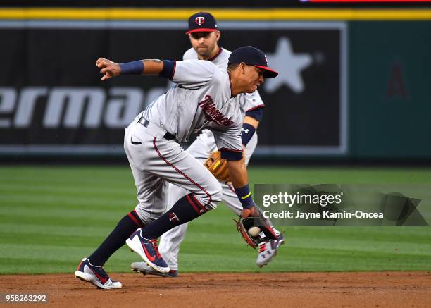 Jason Castro of the Minnesota Twins makes a play in the game against the Los Angeles Angels of Anaheim at Angel Stadium on May 11, 2018 in Anaheim,...