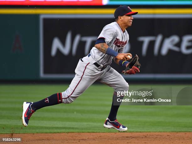 Jason Castro of the Minnesota Twins makes a play in the game against the Los Angeles Angels of Anaheim at Angel Stadium on May 11, 2018 in Anaheim,...