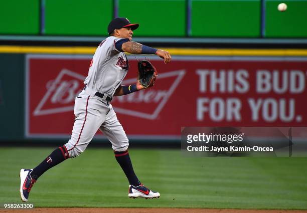 Jason Castro of the Minnesota Twins makes a play in the game against the Los Angeles Angels of Anaheim at Angel Stadium on May 11, 2018 in Anaheim,...