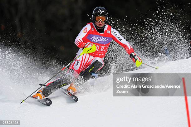 Reinfried Herbst of Austria takes 3rd place during the Audi FIS Alpine Ski World Cup Men's Slalom on January 17, 2010 in Wengen, Switzerland.