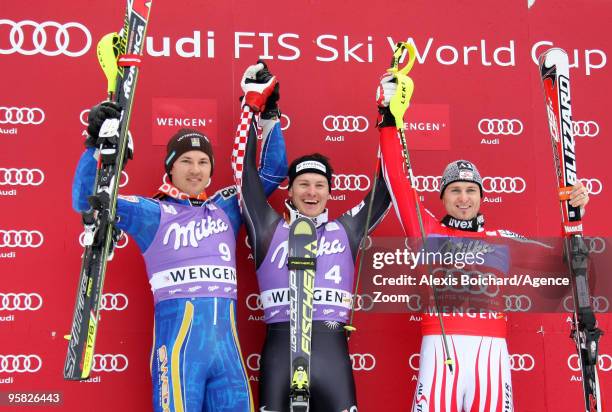 Andre Myhrer of Sweden, 2nd, Ivica Kostelic of Croatia 1st, Reinfried Herbst of Austria 3rd pose on the podium during the Audi FIS Alpine Ski World...