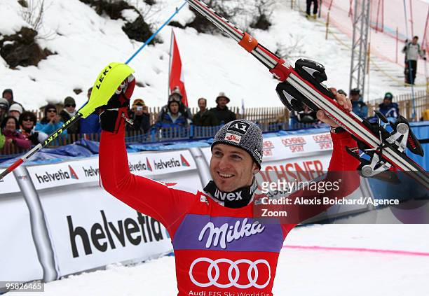 Reinfried Herbst of Austria takes 3rd place during the Audi FIS Alpine Ski World Cup Men's Slalom on January 17, 2010 in Wengen, Switzerland.