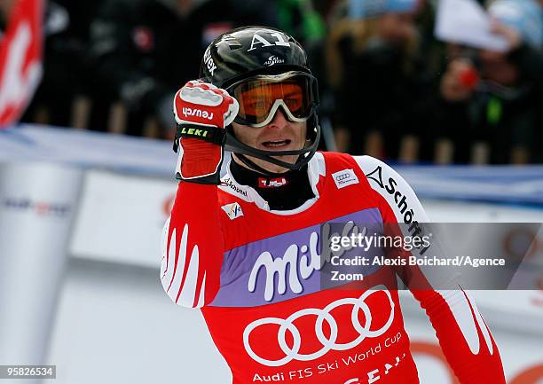 Reinfried Herbst of Austria takes 3rd place during the Audi FIS Alpine Ski World Cup Men's Slalom on January 17, 2010 in Wengen, Switzerland.