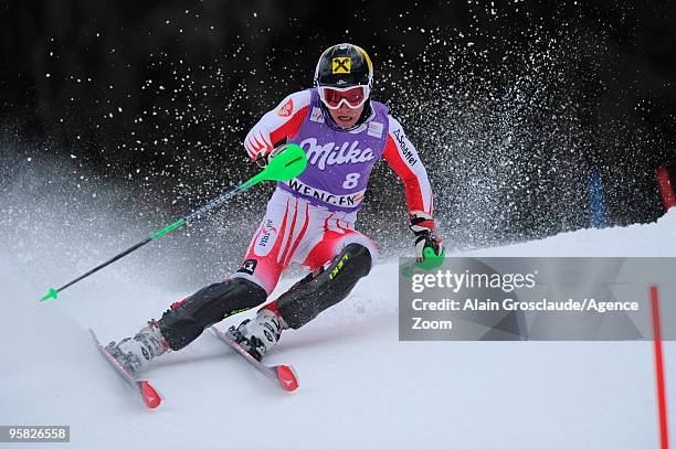 Marcel Hirscher of Austria during the Audi FIS Alpine Ski World Cup Men's Slalom on January 17, 2010 in Wengen, Switzerland.