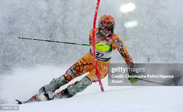 Brigitte Acton of Canada takes 23th place during the Audi FIS Alpine Ski World Cup Women's Slalom on January 17, 2010 in Maribor, Slovenia.