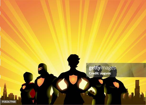 ilustrações de stock, clip art, desenhos animados e ícones de vector superheroes silhouette with city skyline and sunburst background - super her