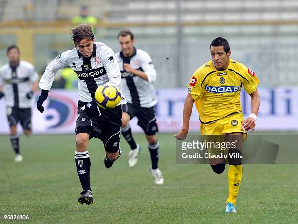 Daniele Galloppa of Parma FC competes for the ball with Alexis Alejandro Sanchez of Udinese Calcio during the Serie A match between Parma and Udinese...
