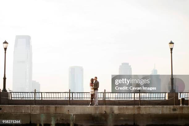 young couple standing on footbridge against clear sky - panorama nyc day 2 foto e immagini stock