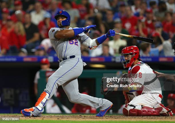 Yoenis Cespedes of the New York Mets in action against the Philadelphia Phillies during a game at Citizens Bank Park on May 11, 2018 in Philadelphia,...