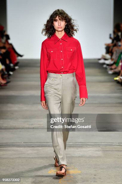 Model walks the runway during the Anna Quan show at Mercedes-Benz Fashion Week Resort 19 Collections at Carriageworks on May 14, 2018 in Sydney,...