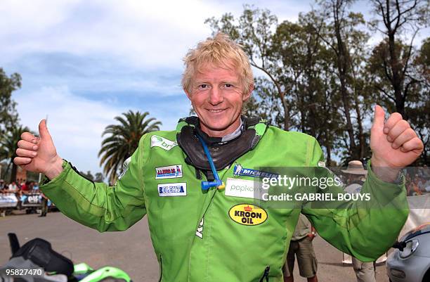 Norway's Pal Anders Ullevalseter celebrates after the 14th stage of the Dakar 2010, between Santa Rosa and Buenos Aires, Argentina on January 16,...