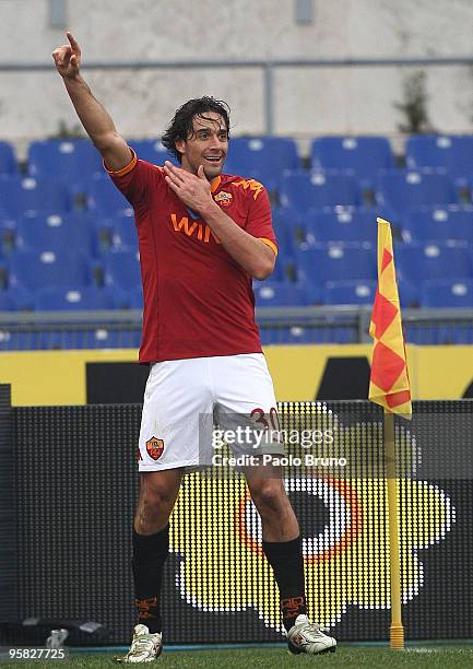 Luca Toni of AS Roma celebrates after scoring the 3:0 goal during the Serie A match between Roma and Genoa at Stadio Olimpico on January 17, 2010 in...