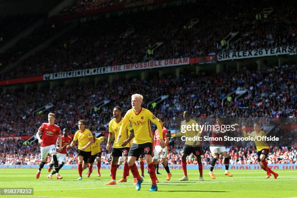 Will Hughes of Watford leads their defence during the Premier League match between Manchester United and Watford at Old Trafford on May 13, 2018 in...