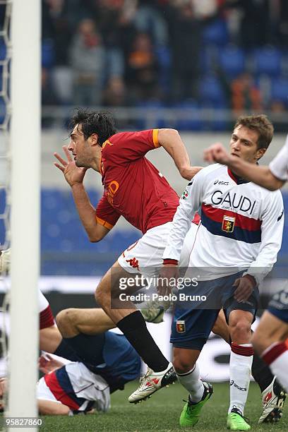 Luca Toni of AS Roma celebrates the third goal during the Serie A match between Roma and Genoa at Stadio Olimpico on January 17, 2010 in Rome, Italy.