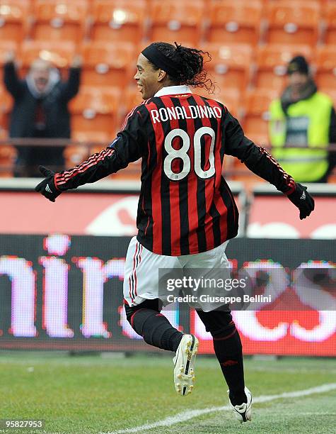 Ronaldinho of Milan celebrates the opening goal aftrer scores the penalty during the Serie A match between Milan and Siena at Stadio Giuseppe Meazza...