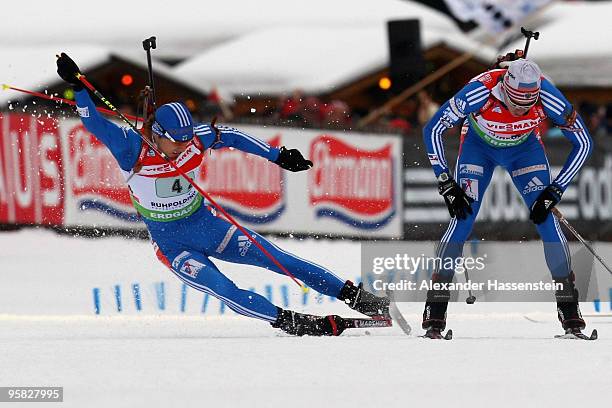 Anton Shipulin of Russia crashes during the handover by his team mate Ivan Tcherezov during the Men's 4 x 7,5km Relay in the e.on Ruhrgas IBU...