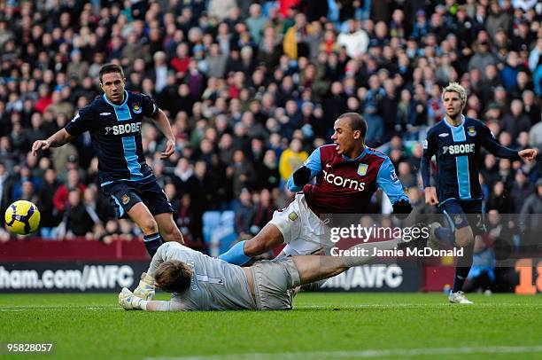 Robert Green of West Ham Uniteds makes a last minute save to deny Gabriel Agbonlahor of Aston Villa during the Barclays Premiership match between...