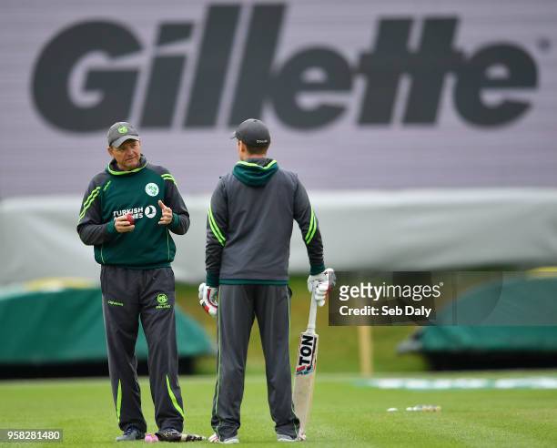 Dublin , Ireland - 14 May 2018; Ireland head coach Grahan Ford, left, and captain William Porterfield prior to play on day four of the International...