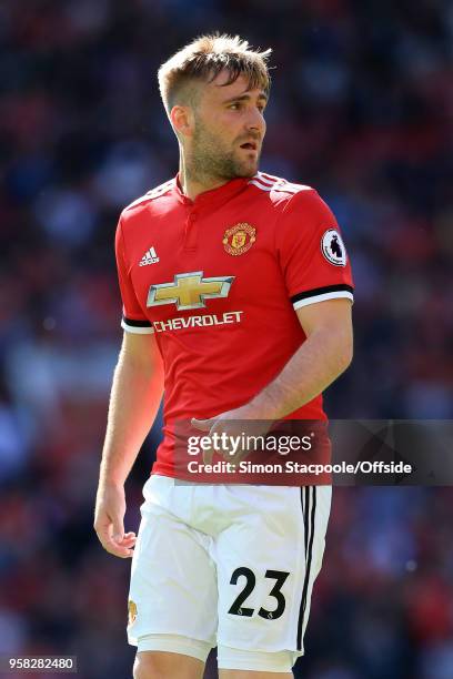 Luke Shaw of Man Utd looks on during the Premier League match between Manchester United and Watford at Old Trafford on May 13, 2018 in Manchester,...