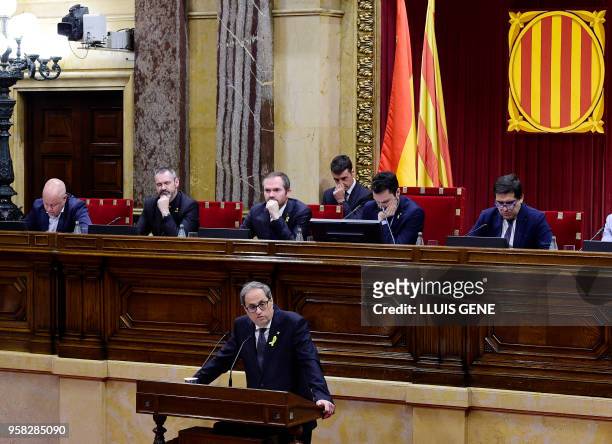 Junts per Catalonia MP and presidential candidate Quim Torra delivers a speech during a vote session to elect a new regional president at the Catalan...