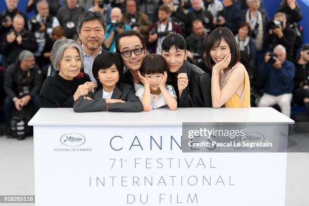 Kirin Kiki, Hirokazu Koreeda, Jyo Kairi, Lily Franky, Miyu Sasaki, Sakura Ando and Mayu Matsuoka attends the photocall for "Shoplifters " during the...