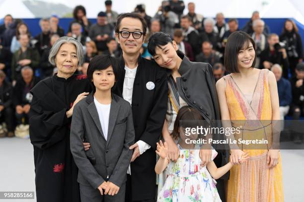 Kirin Kiki, Hirokazu Koreeda, Jyo Kairi, Lily Franky, Miyu Sasaki , Sakura Ando and Mayu Matsuoka attends the photocall for "Shoplifters " during the...