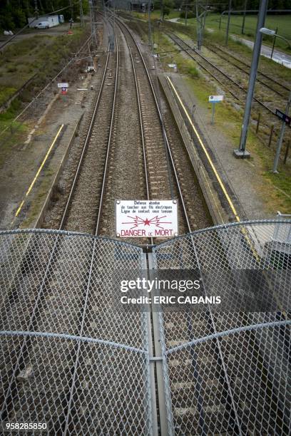 Picture shows rail tracks in Baziege, near Toulouse, southern France, on May 14 as French railway workers begin two days of strikes, the latest in a...