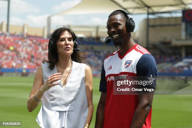 Harrison Barnes talks to the media prior to the Major Soccer League match between Dallas FC and LA Galaxy at Toyota Stadium on May 12, 2018 in...