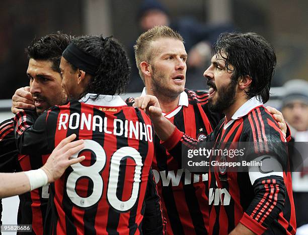 Marco Borriello and Ronaldinho and David Beckham and Gennaro Gattuso of Milan celebrate the goal during the Serie A match between Milan and Siena at...