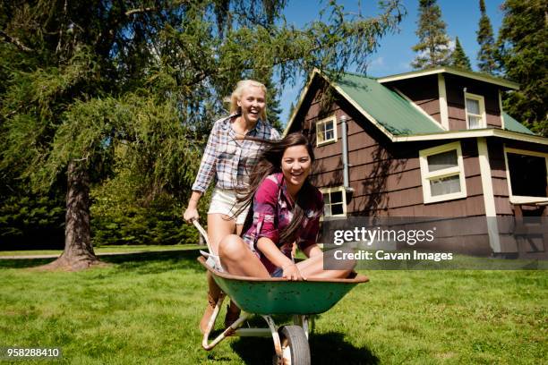 happy woman pushing wheelbarrow with friend on grassy field - new york summer press day stockfoto's en -beelden
