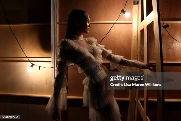 Model poses backstage ahead of the Alice McCall show at Mercedes-Benz Fashion Week Resort 19 Collections at Carriageworks on May 14, 2018 in Sydney,...